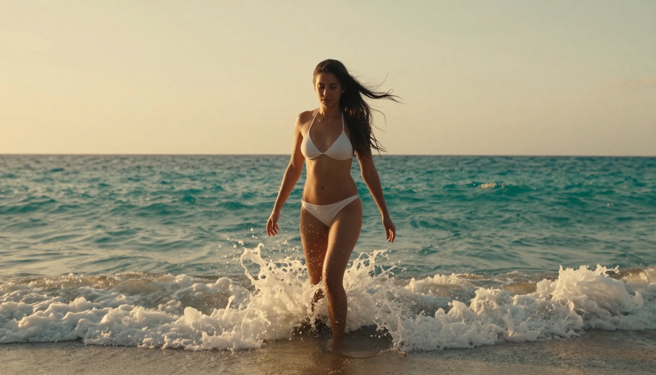 Beautiful woman at ocean beach, a still photo about to be brought to life as video