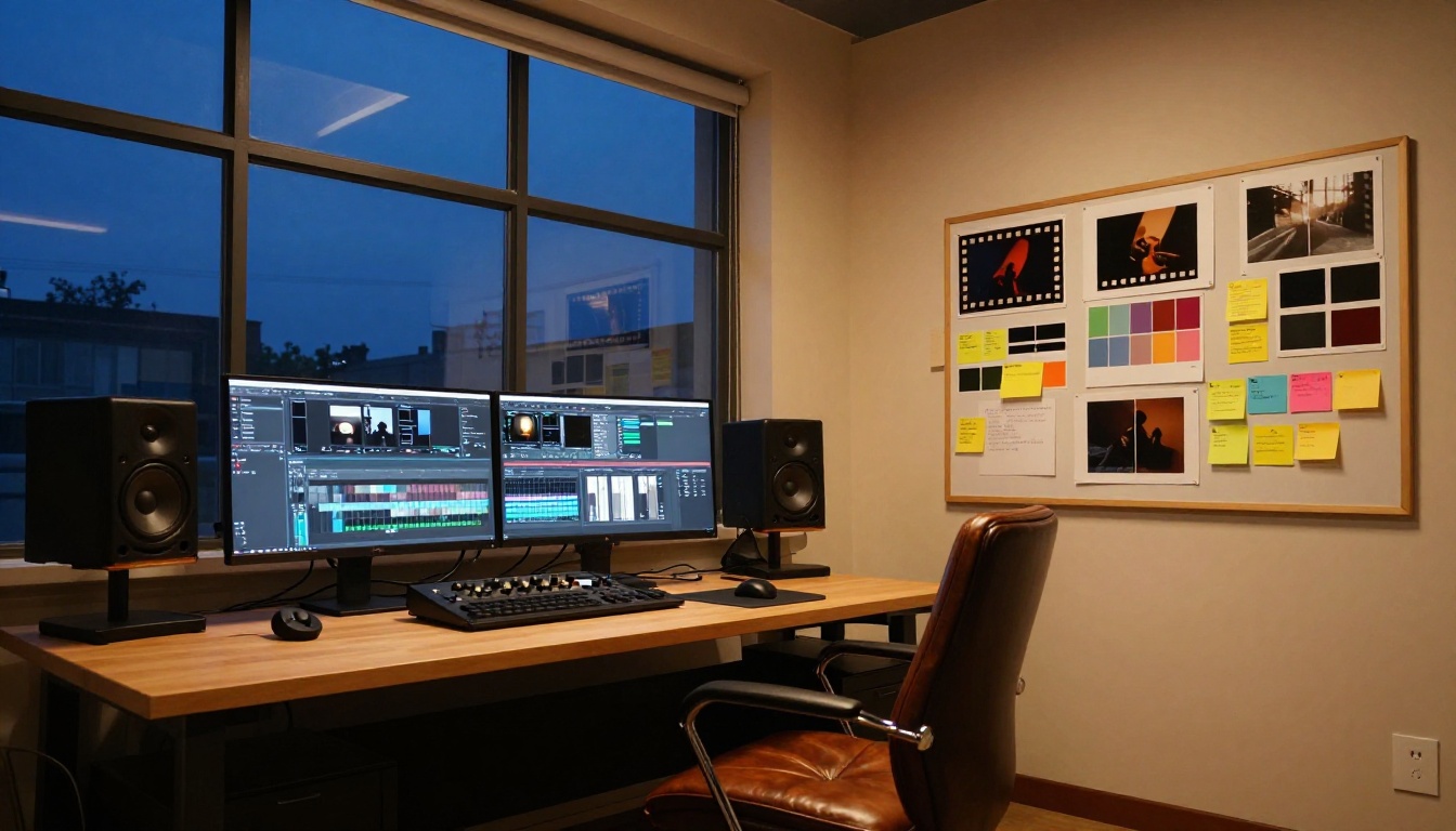 A professional video editing workstation in a creative studio at dusk with dual monitors and a mood board