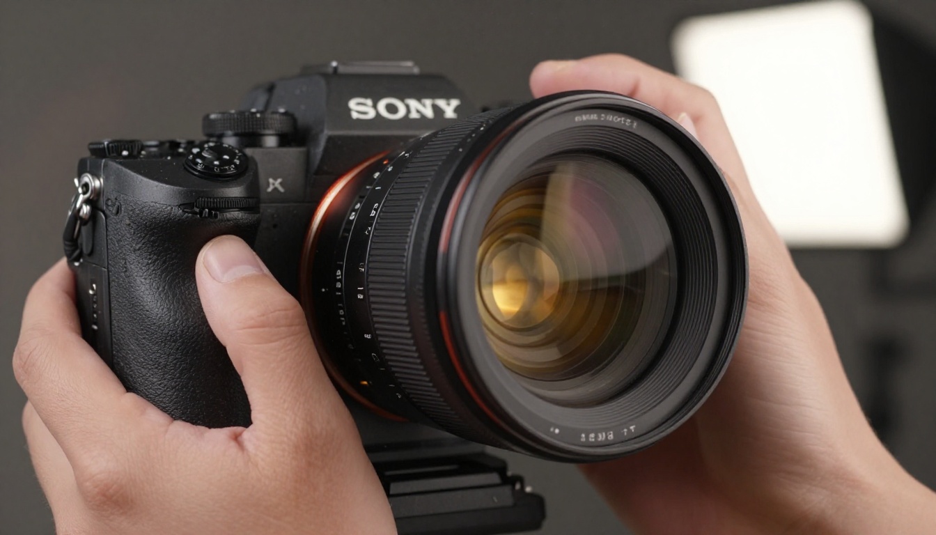 Extreme close-up of a cinema camera lens showing optical glass elements reflecting a golden-hour scene