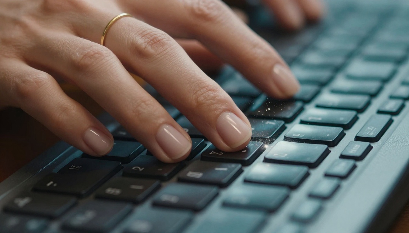 Macro close-up of hands typing an AI video generation prompt