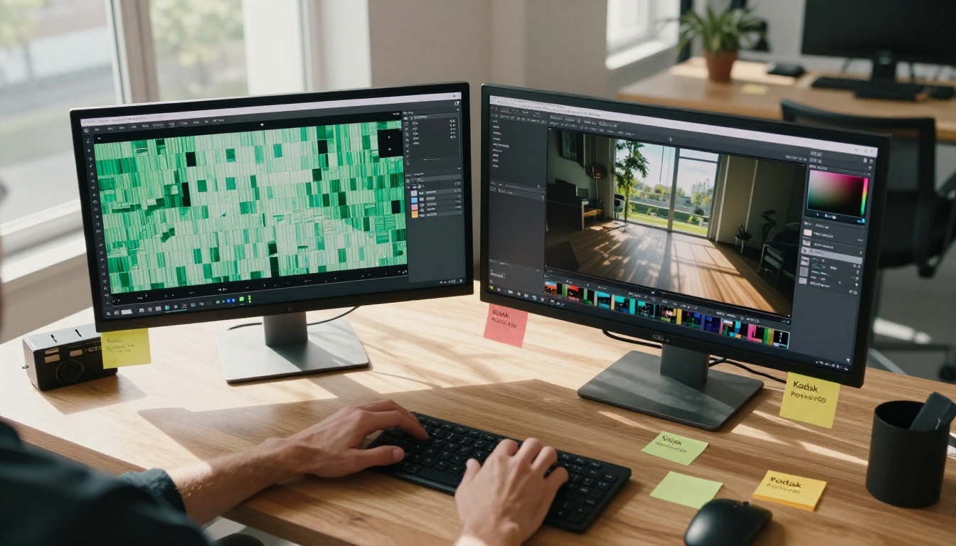 Aerial view of two monitors side by side showing video quality comparison on a wooden creative desk