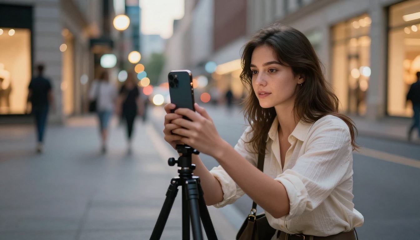 Young woman content creator filming herself on urban sidewalk at dusk Young woman content creator filming herself on urban sidewalk at dusk