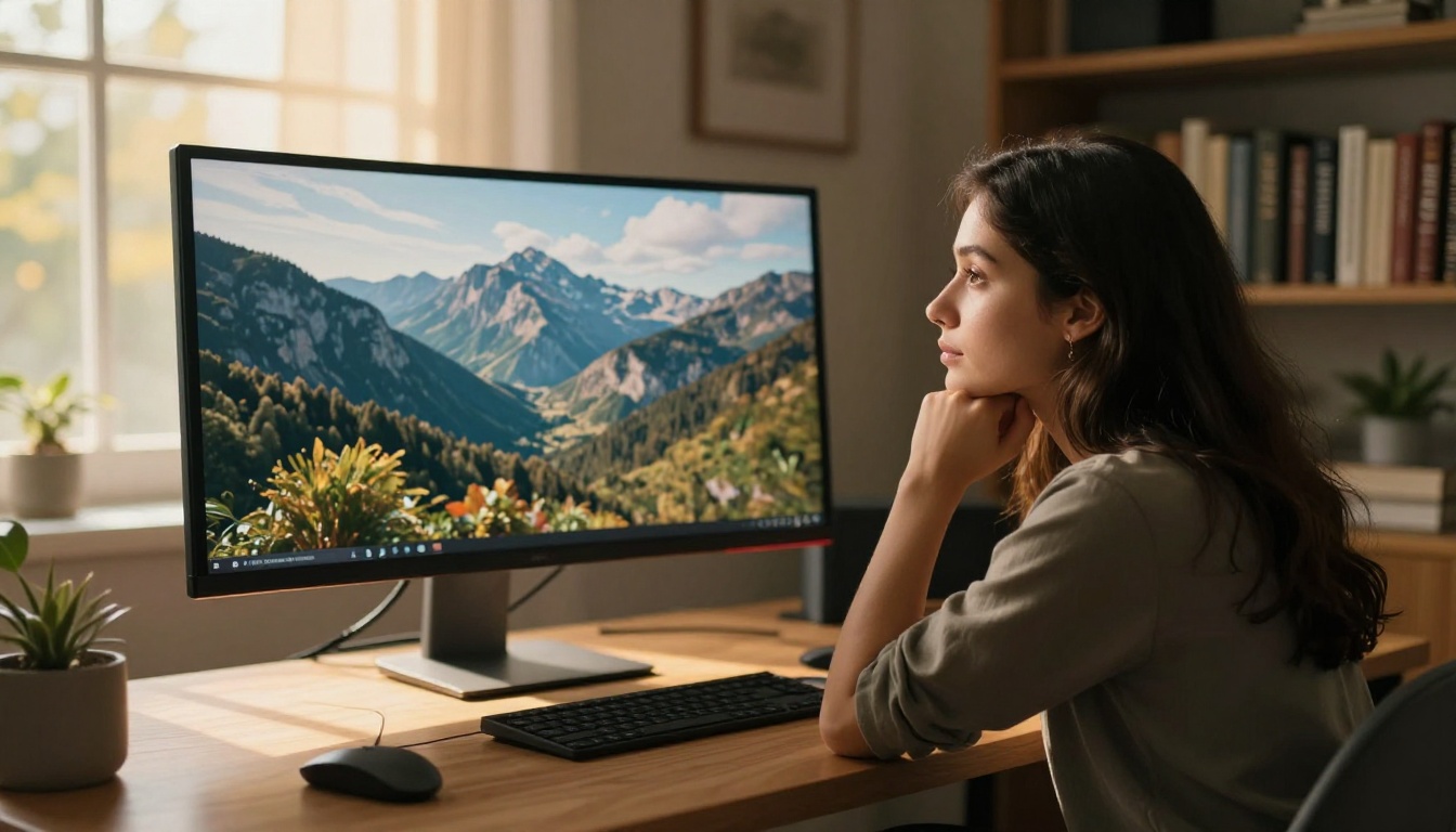 A content creator at a sunlit home studio watching AI-generated video footage play on screen
