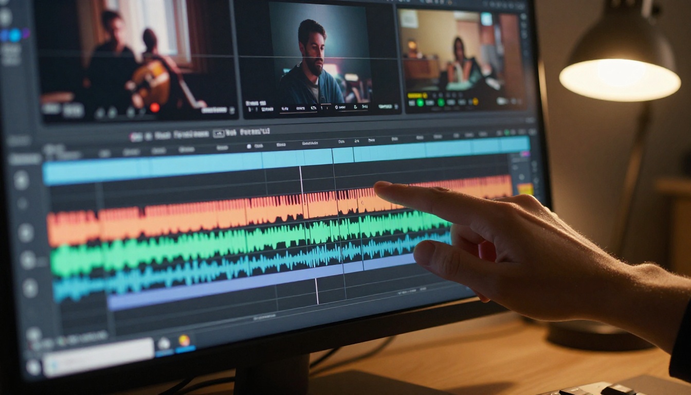 Close-up of a professional video editing timeline on a monitor with hands dragging clips across layers
