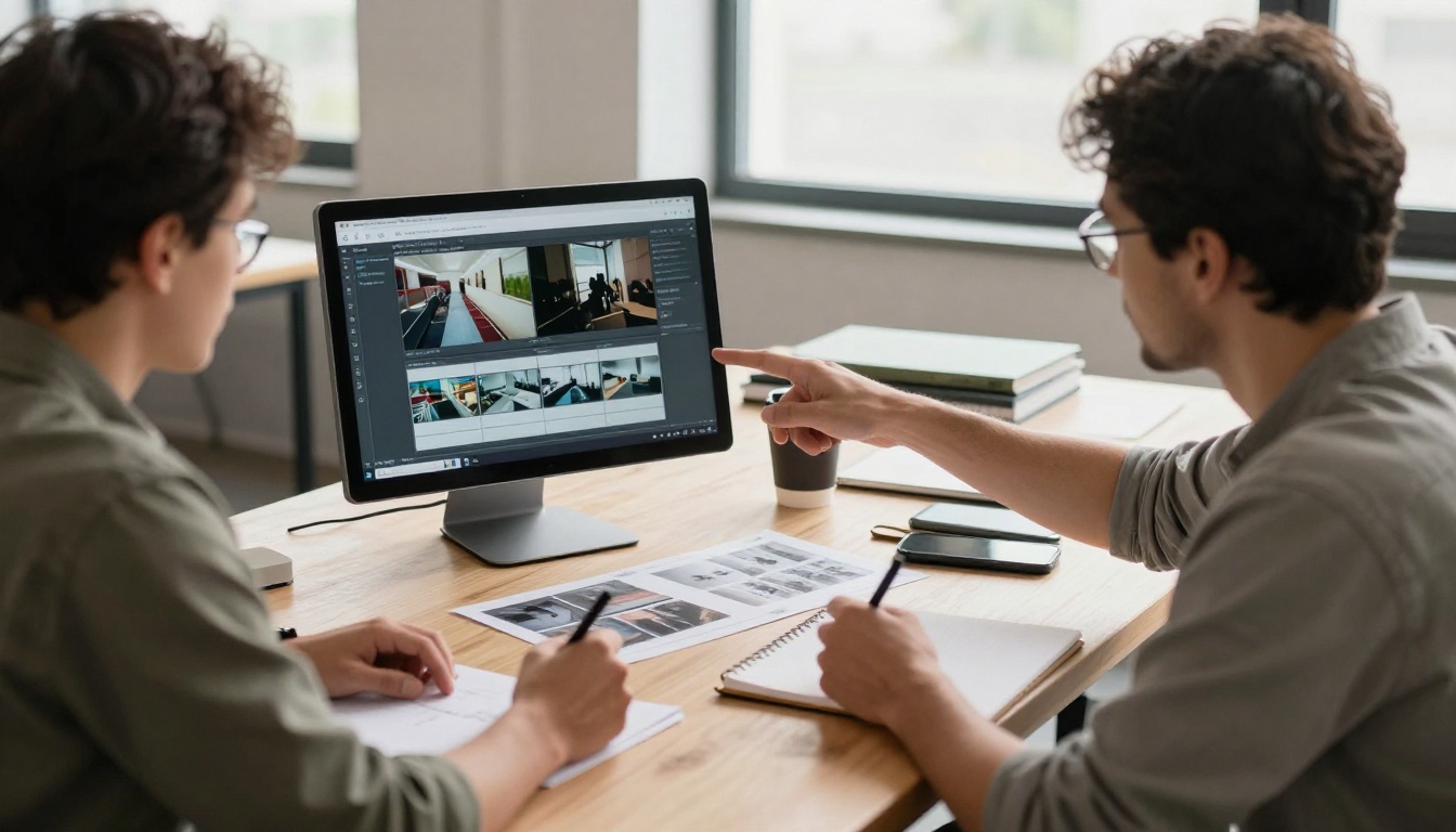 Two professionals collaborating on AI video project