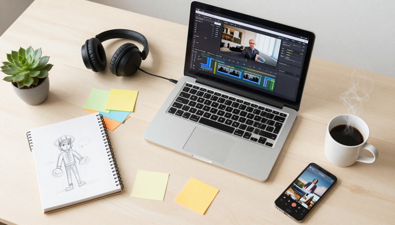 Aerial flat-lay view of a creative director's organized work desk with laptop, headphones, sticky notes, sketchbook, and coffee