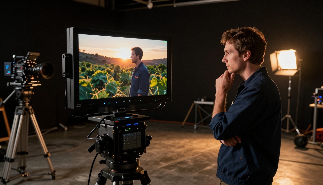 Professional cinematographer reviewing footage on studio monitor