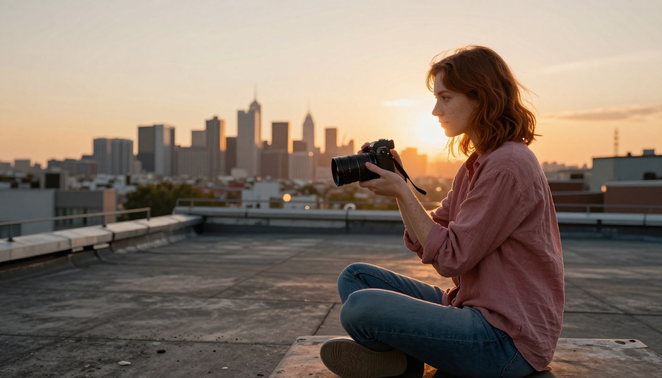 A woman filmmaker sitting cross-legged on a rooftop at golden hour, camera in hand, city skyline glowing behind her