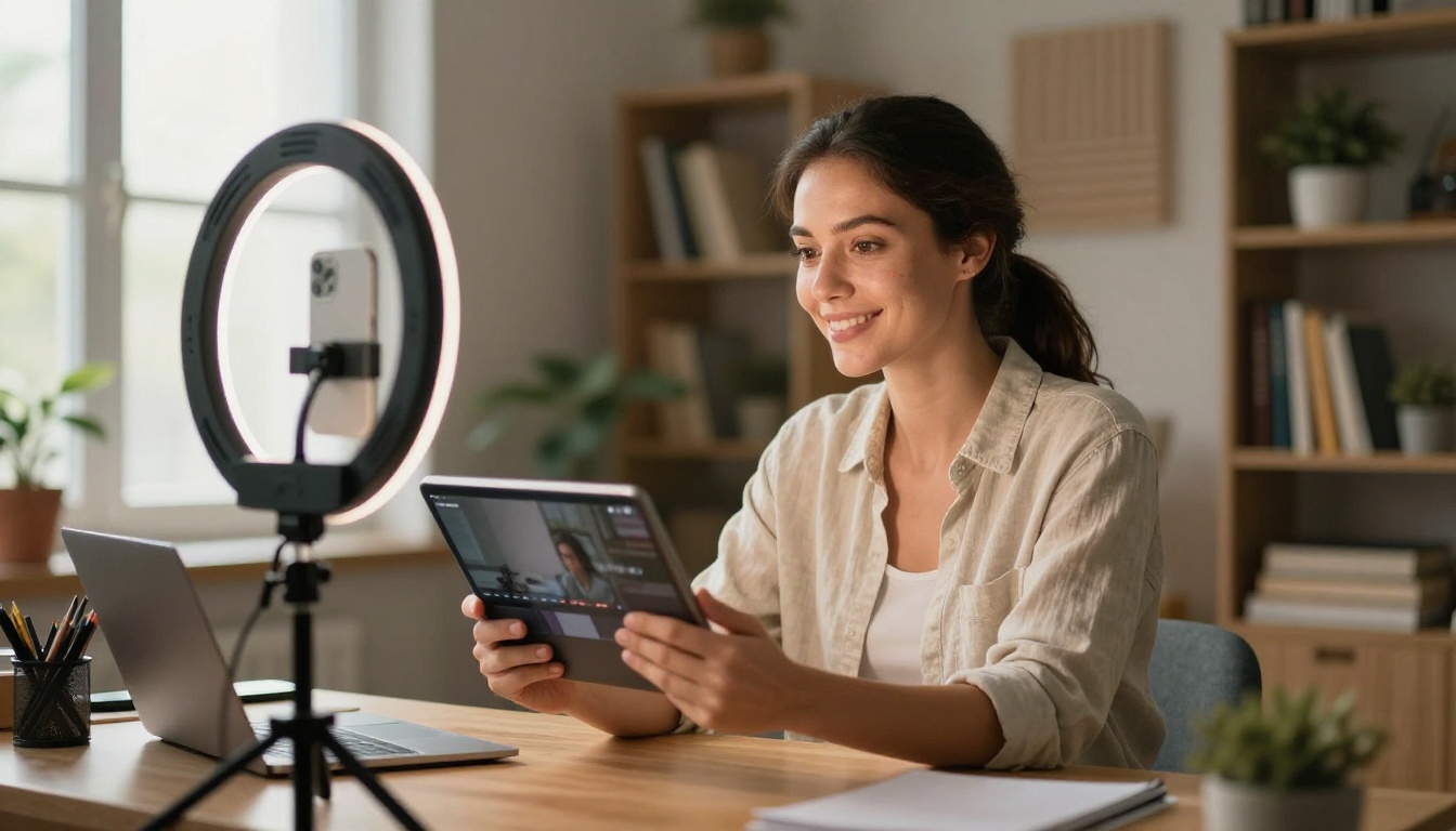 Female content creator reviewing video playback on a tablet at a professional home studio desk