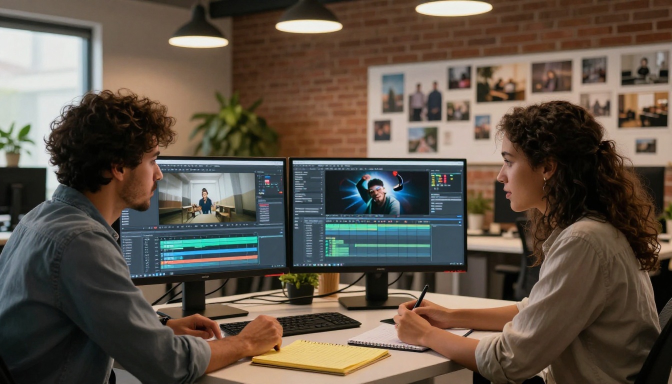 Two professional video editors collaborating at a standing desk with dual ultrawide monitors in a modern creative agency