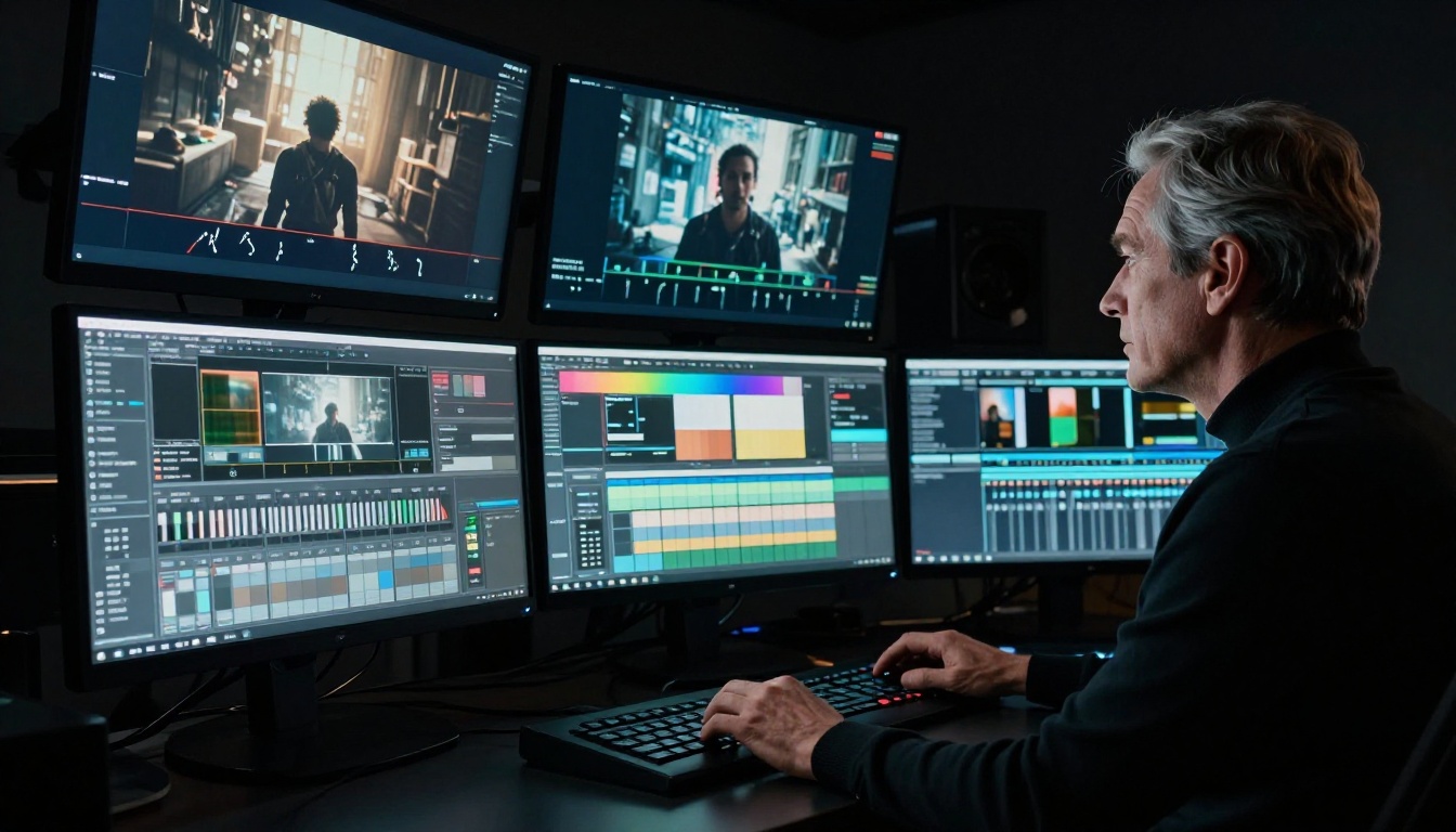 A professional colorist reviewing AI video output on three monitors in a dark color grading suite