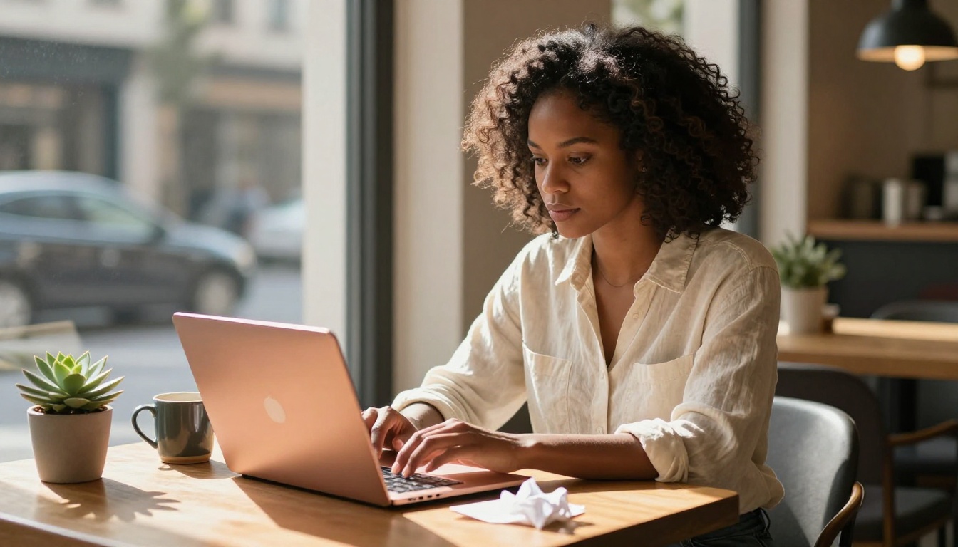 A young woman working on a laptop at a cafe window, warm afternoon light casting shadows across the table