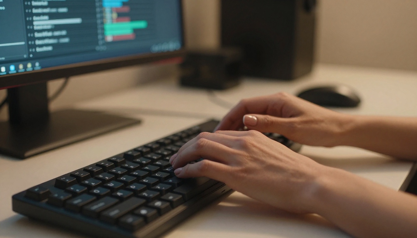 Close-up of a woman's hands on a mechanical keyboard with a blurred monitor displaying video timelines glowing in the background, warm tungsten light from above