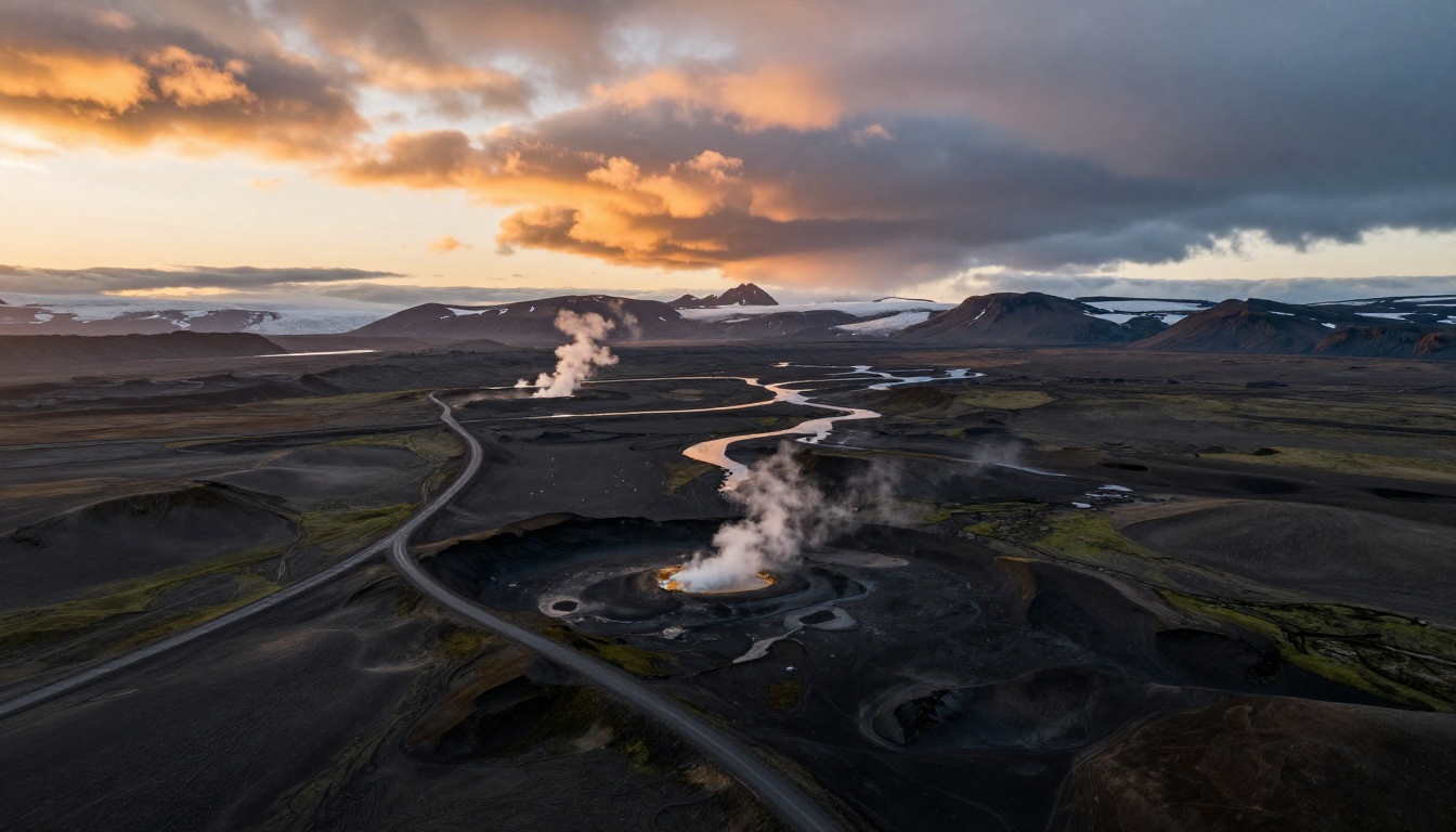 Wide aerial view of a vast Icelandic highland landscape at golden hour showing volcanic plains, a winding gravel road, and snow-capped peaks
