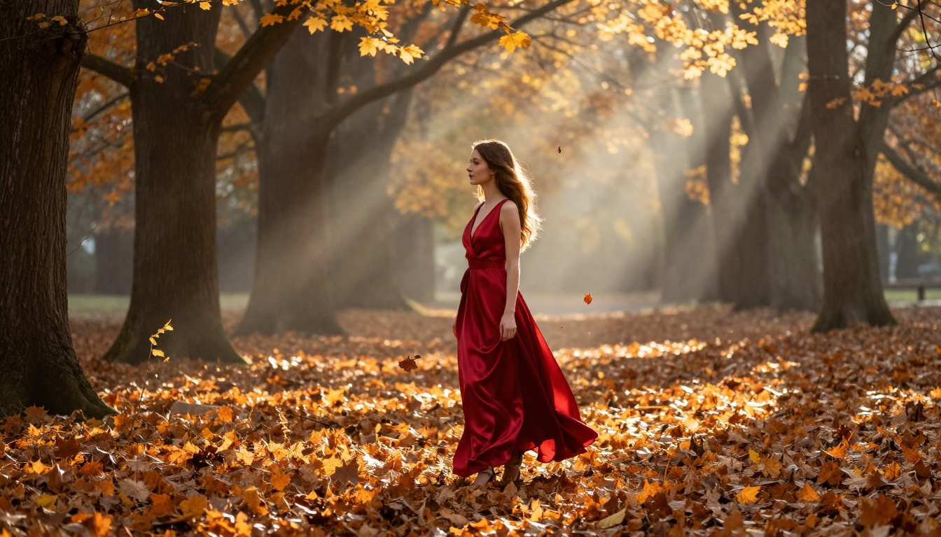 Woman in flowing red dress walking through golden autumn forest