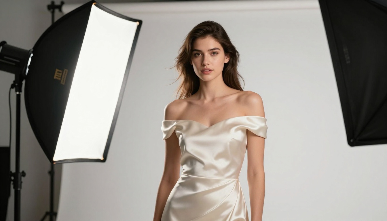 Young woman model in elegant ivory dress posing in professional photography studio Young woman model in elegant ivory dress posing in professional photography studio