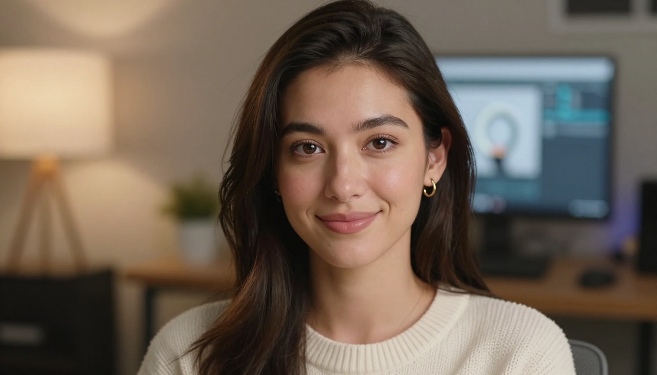 Close-up portrait of a young female content creator with a confident expression in front of a softly blurred home studio setup