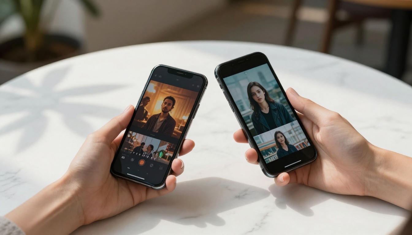 Two smartphones side by side showing different AI video outputs held over a white marble cafe table