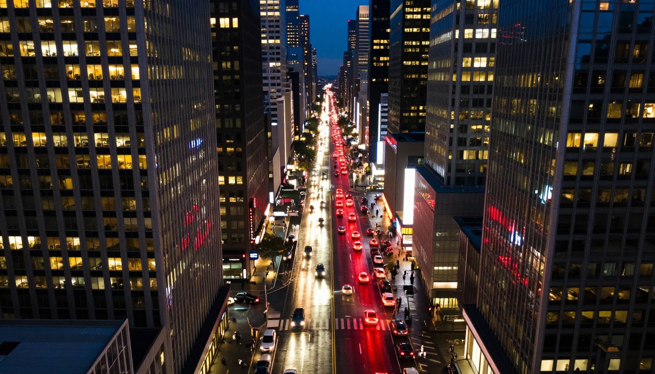 Aerial city view at twilight with light trails from traffic