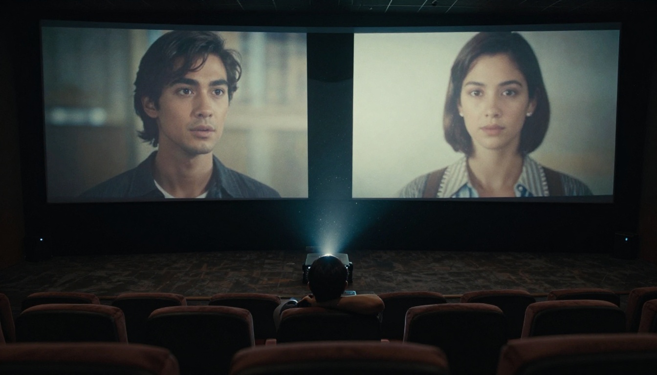 A darkened cinema screening room with two large projected frames side by side, one crisp and sharp, the other showing smooth cinematic motion blur, a lone viewer silhouetted in center foreground