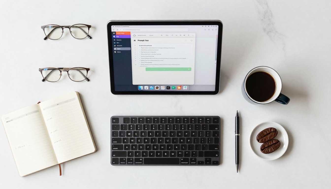 A flat-lay overhead shot of a minimal creative workspace with an iPad showing an AI interface, keyboard, notebook, and coffee beans