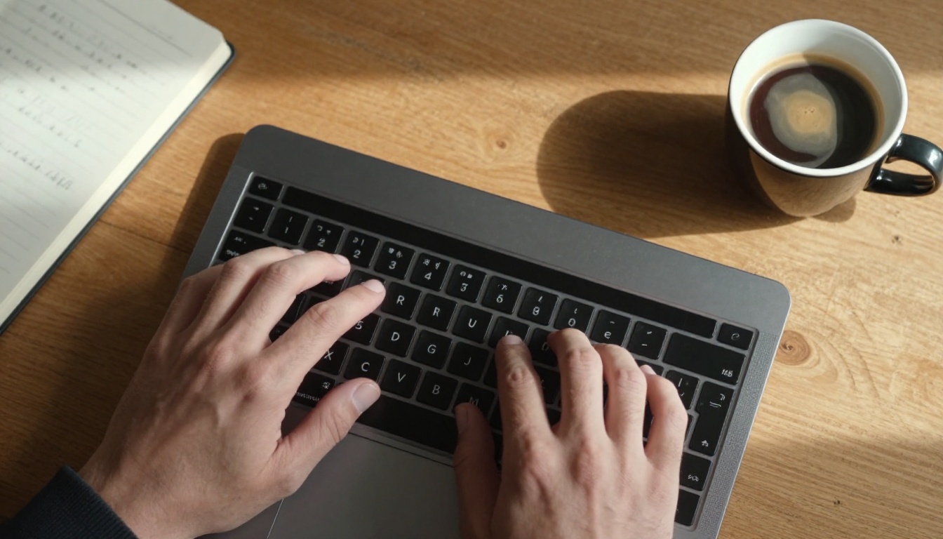 Close-up overhead view of hands typing prompts on a laptop keyboard with a ceramic coffee cup beside the desk