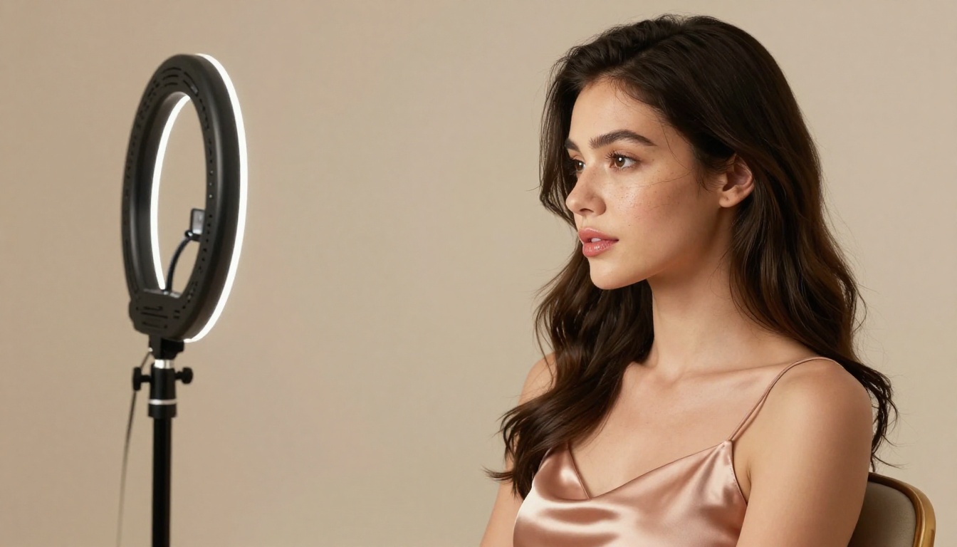 Studio portrait in rose-gold dress, photorealistic source image ideal for AI animation