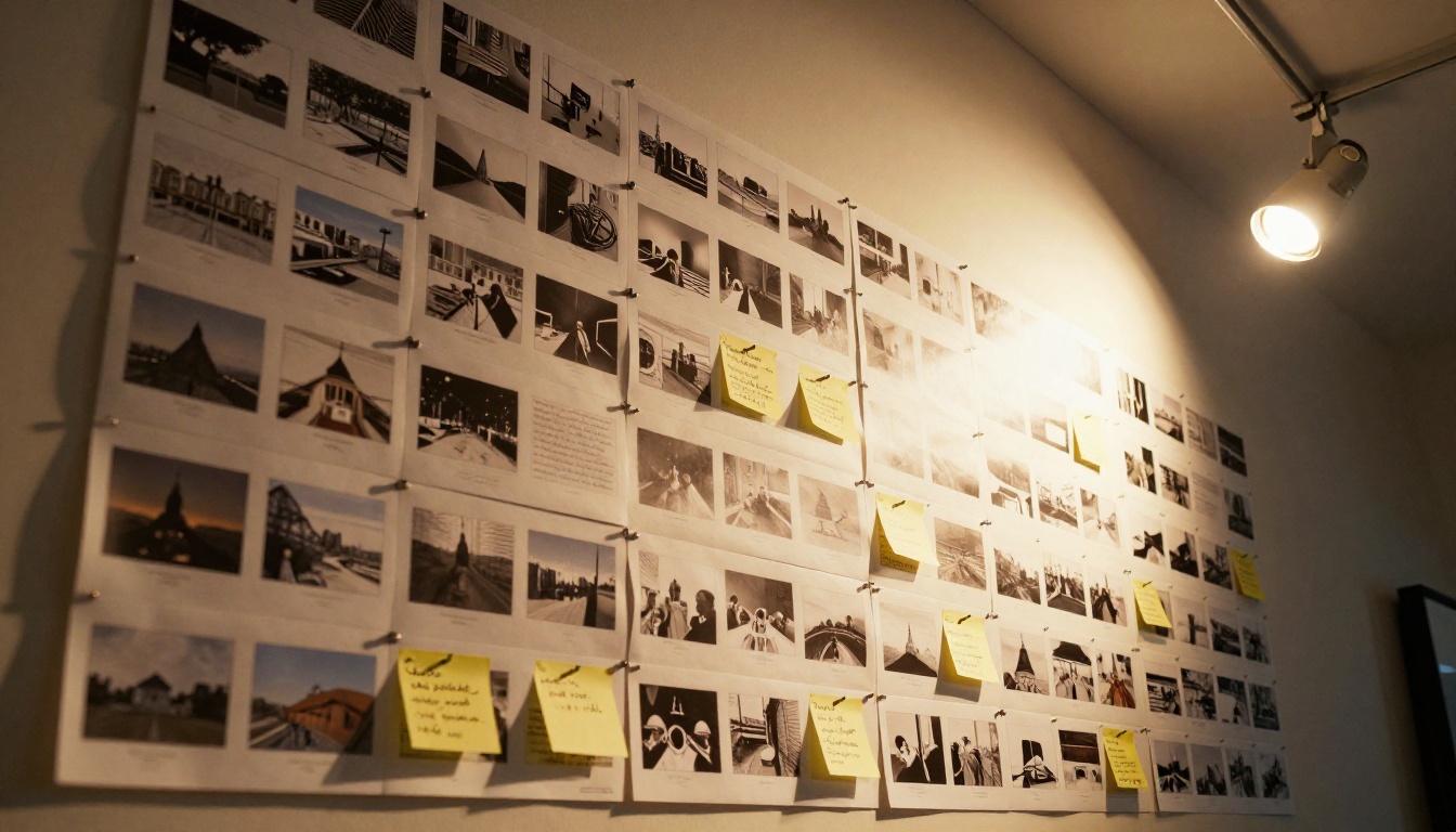 Creative storyboard planning wall with video scenes