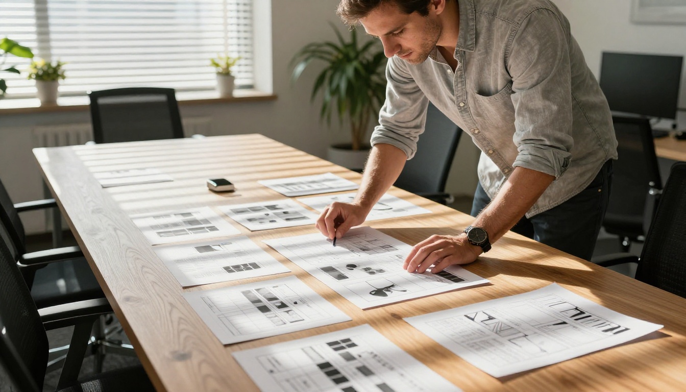 Creative director reviewing printed video storyboards at conference table in agency office Creative director reviewing printed video storyboards at conference table in agency office