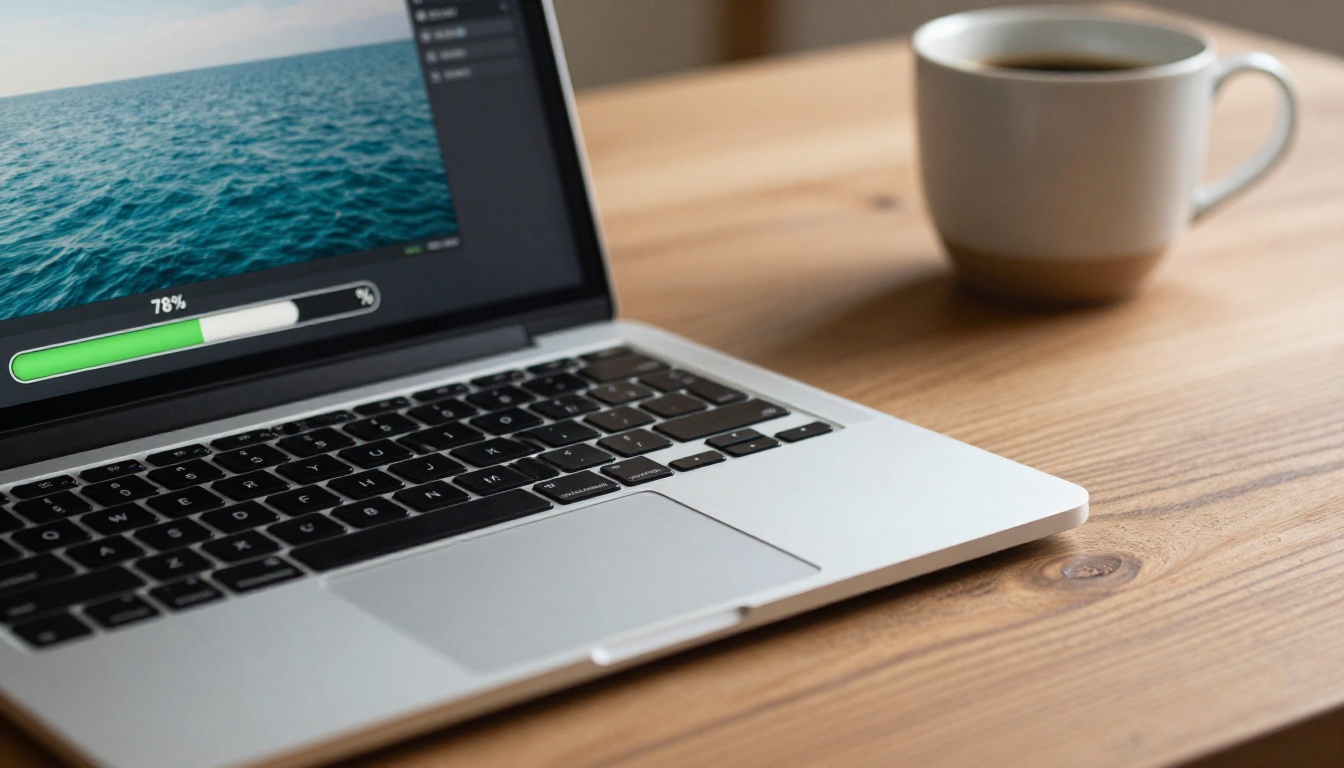 A laptop screen showing an AI video generation interface with progress bar and rendered ocean scene preview