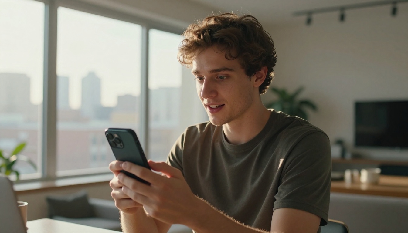 Young male social media creator reviewing video on smartphone in a modern apartment with city views