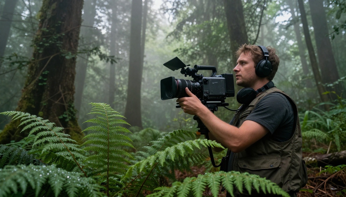 A professional camera operator filming on location in a lush green forest at dawn with morning mist and volumetric light rays