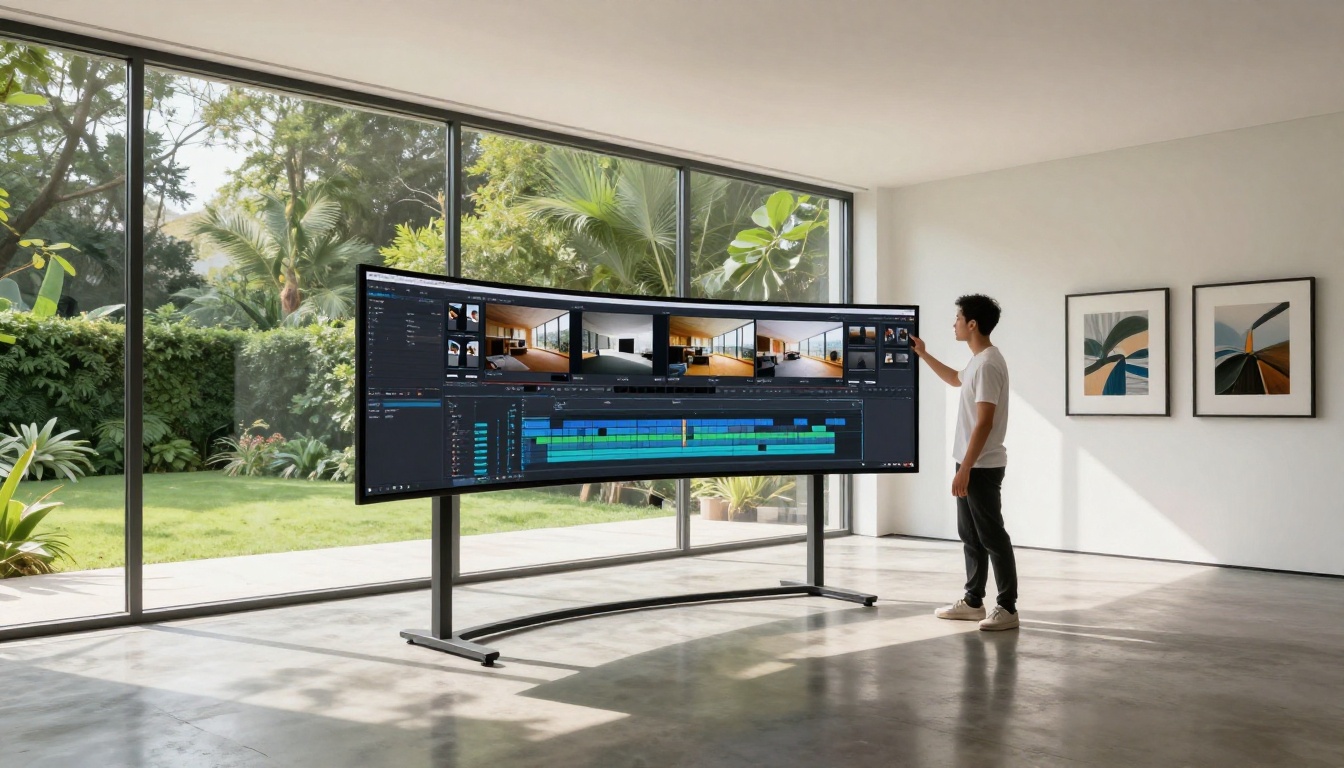 Creative professional reviewing AI video output in a modern home office