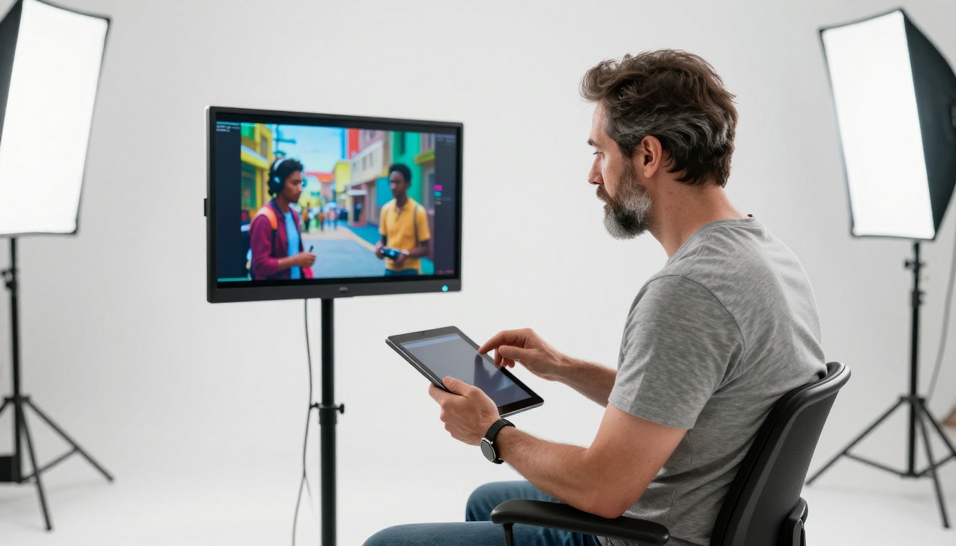 A professional content director reviewing AI video playback on a field monitor in a broadcast studio