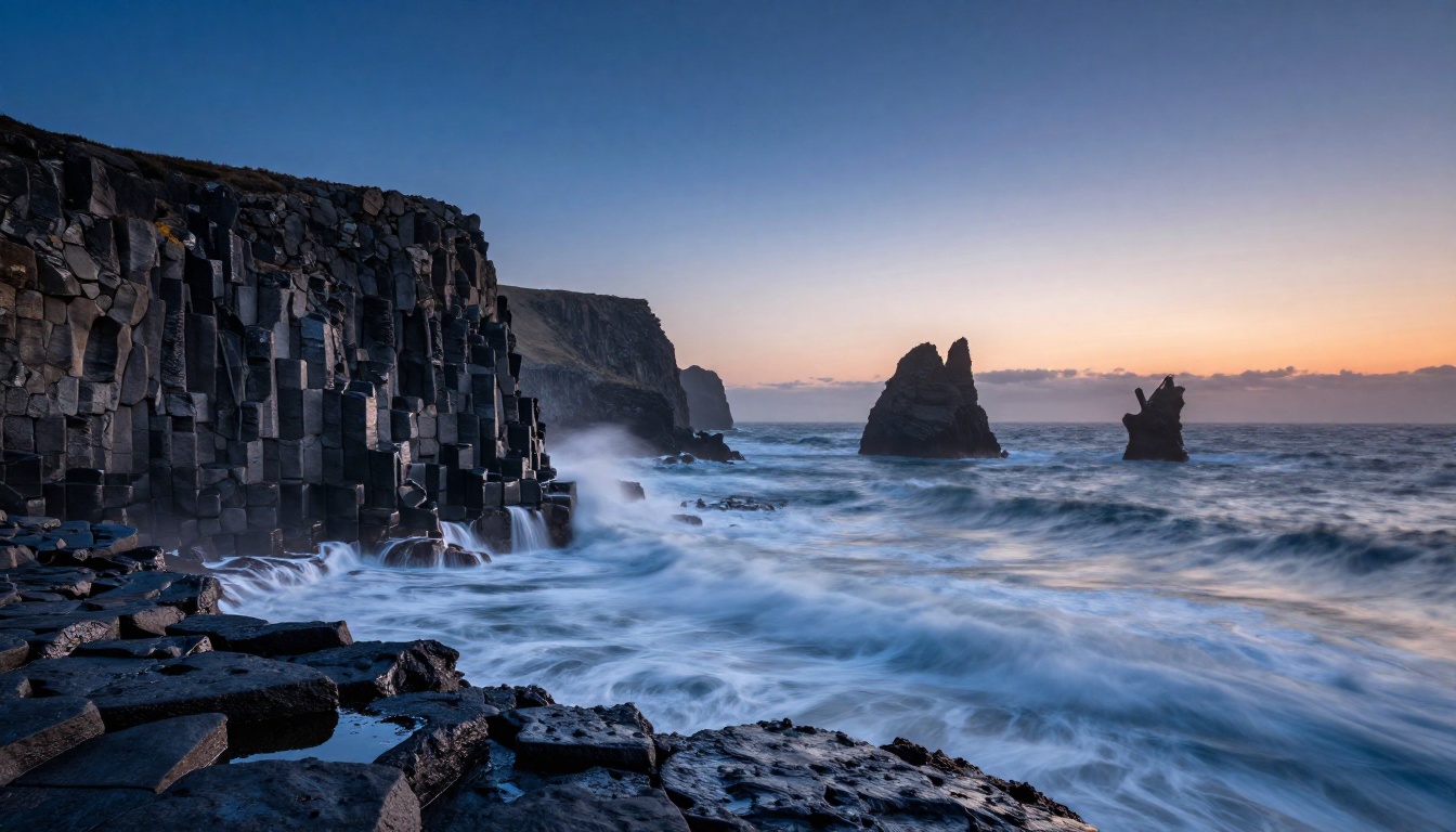Cinematic wide shot of dark basalt sea stacks rising from turbulent ocean at blue hour with magenta horizon