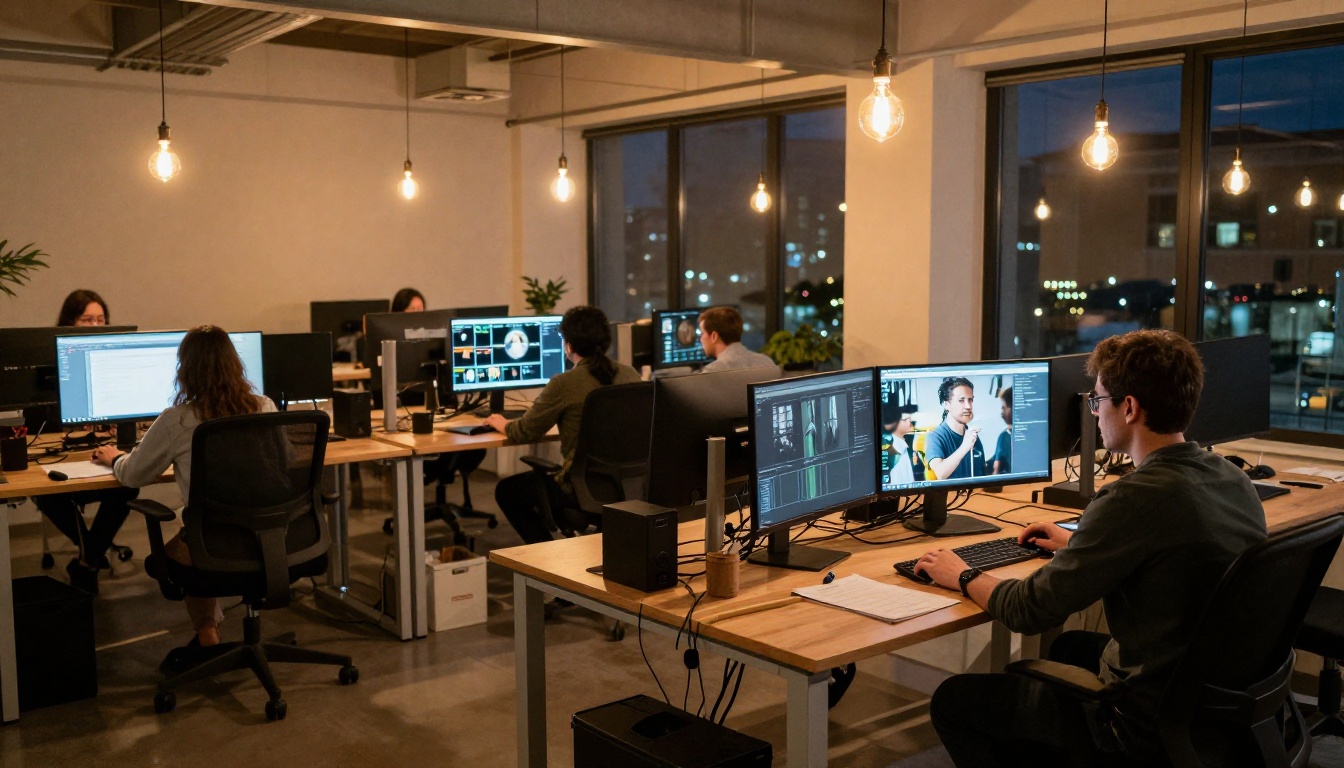 Wide shot of a modern open-plan tech office with creative professionals working at large monitors Wide shot of a modern open-plan tech office with creative professionals working at large monitors