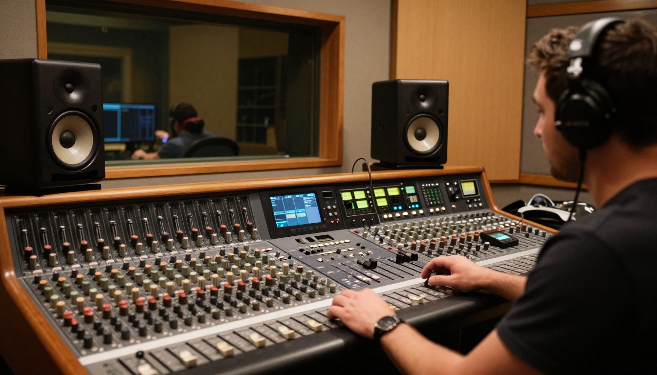 A focused male sound engineer working in a professional audio mixing studio adjacent to a video post-production suite