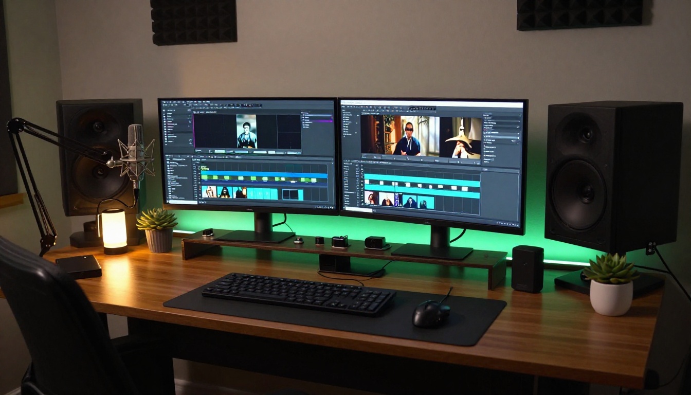 Modern home studio setup with AI video generation interface on monitors Modern home studio setup with AI video generation interface on monitors