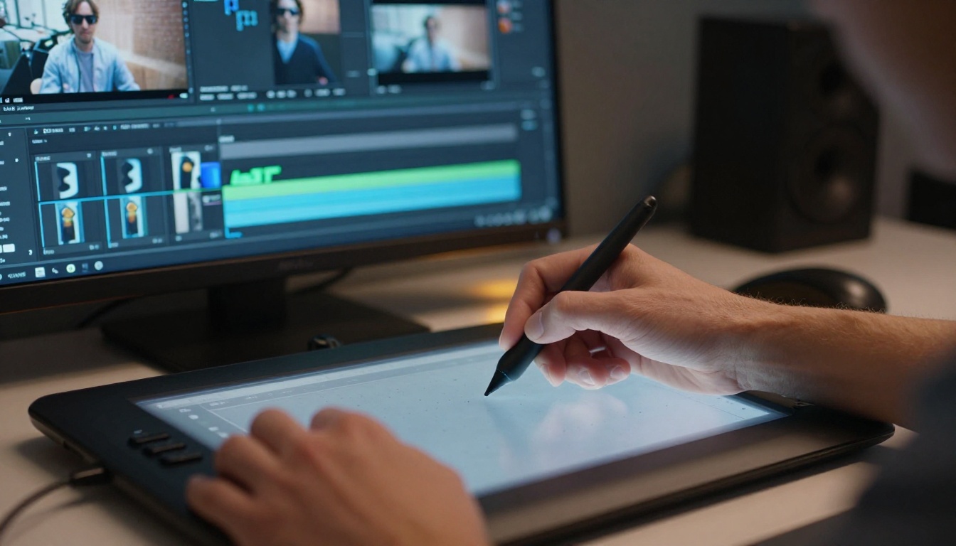 A video editor's hands hovering over a Wacom tablet stylus with professional AI video timeline visible in background