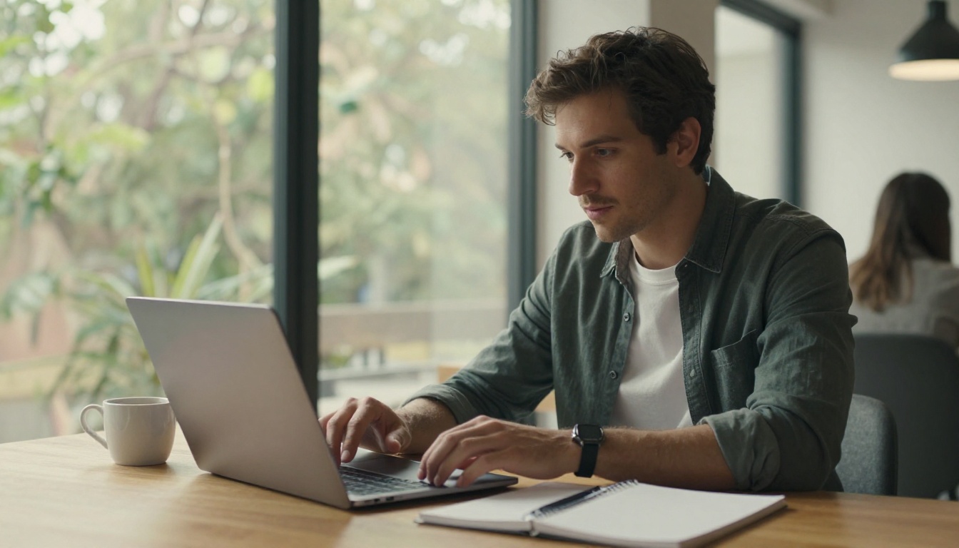A creative director reviewing video on a laptop in a sunlit co-working space, natural window daylight, coffee cup and spiral notebook on the wooden desk beside them