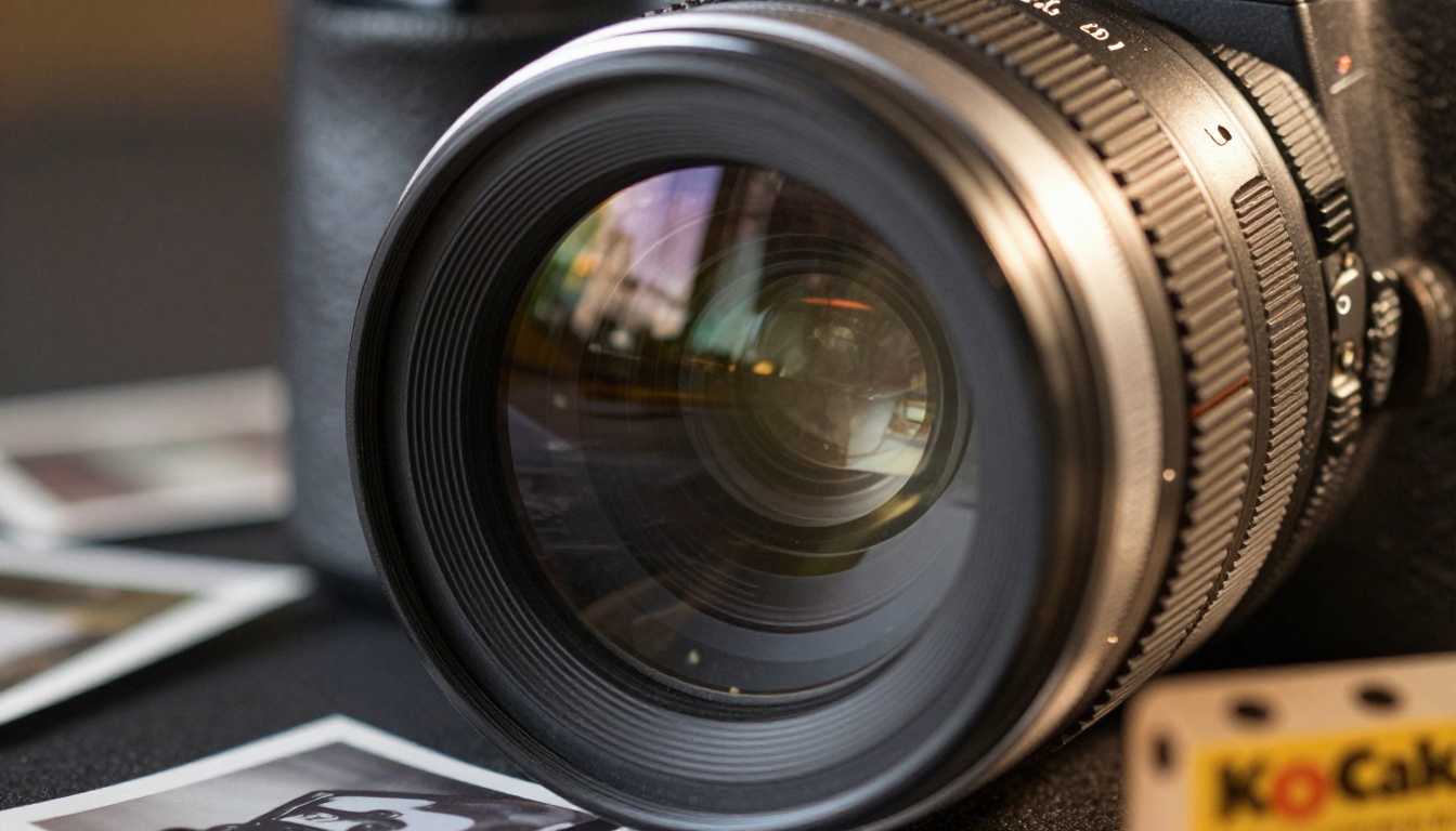 Camera lens close-up with film strips, representing the photography-to-video pipeline Camera lens close-up with film strips, representing the photography-to-video pipeline