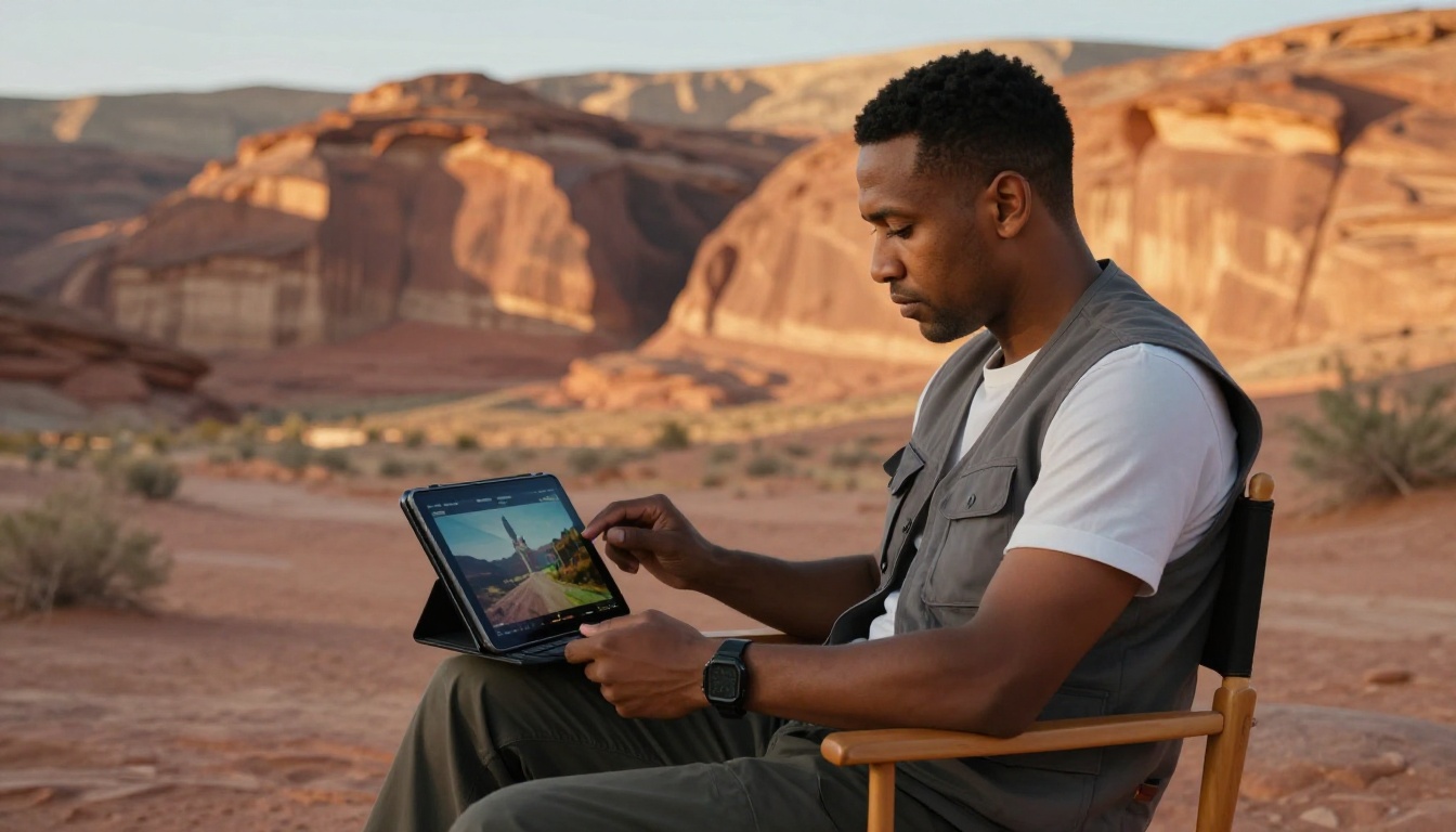 A director sitting in a leather chair at a desert canyon site reviewing vibrant cinematic footage on a tablet