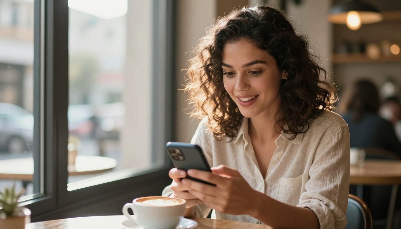 A woman watching a video on her smartphone at a cozy cafe with a cappuccino, genuinely impressed expression, afternoon window light