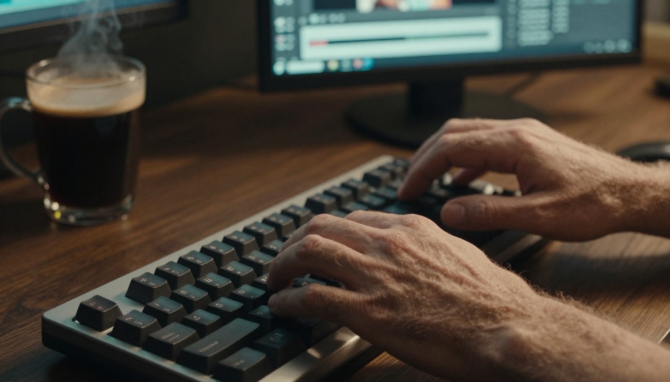 Close-up of weathered hands typing on a mechanical keyboard with a video generation interface glowing in the background Close-up of weathered hands typing on a mechanical keyboard with a video generation interface glowing in the background