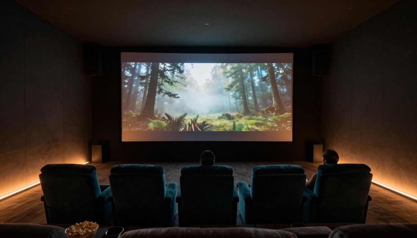 Interior of a minimalist home cinema room with a large screen displaying a misty forest scene and velvet recliners in the foreground