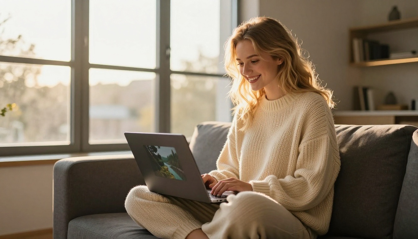 A young woman genuinely smiling at AI-generated video content on her laptop in golden afternoon light on a dark sofa