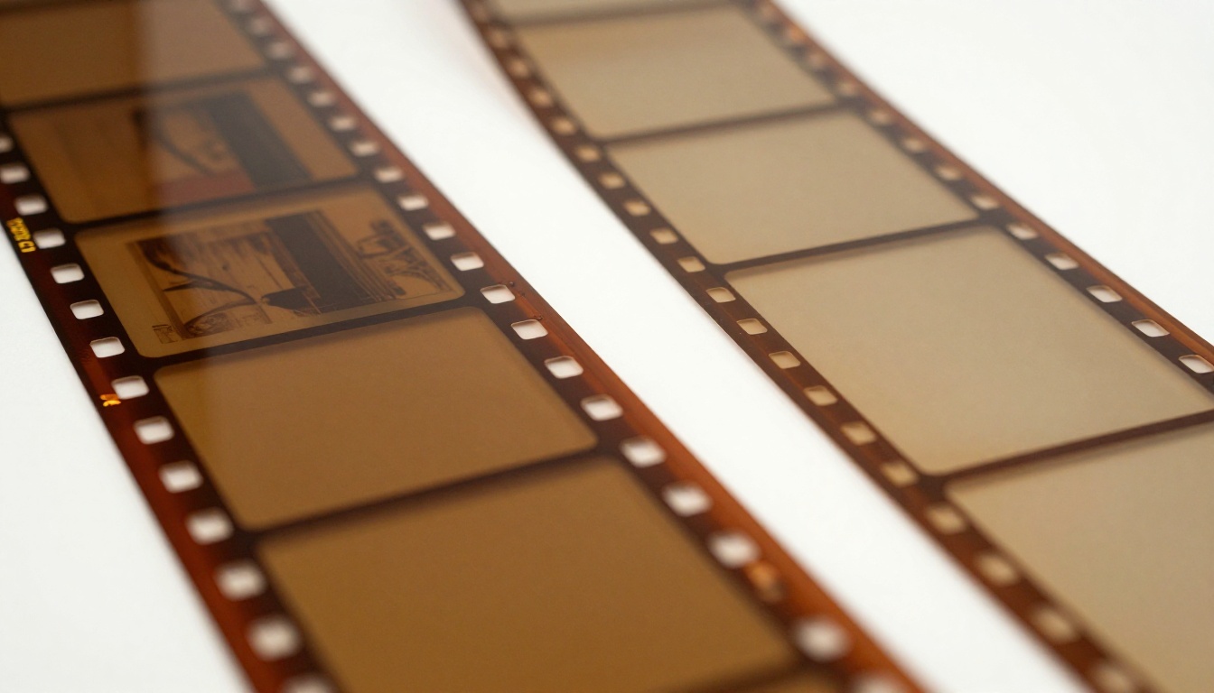 Two physical film strips side by side on a warm amber lightbox, one dense with crisp frames and one with sparser frames, illustrating Fast vs Pro sampling depth