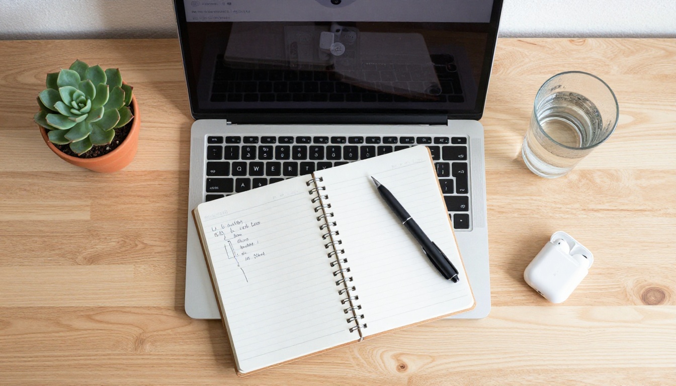 A flat-lay overhead photograph of a creative workspace with laptop, spiral notebook, pen, succulent, and water glass on a birch wood desk