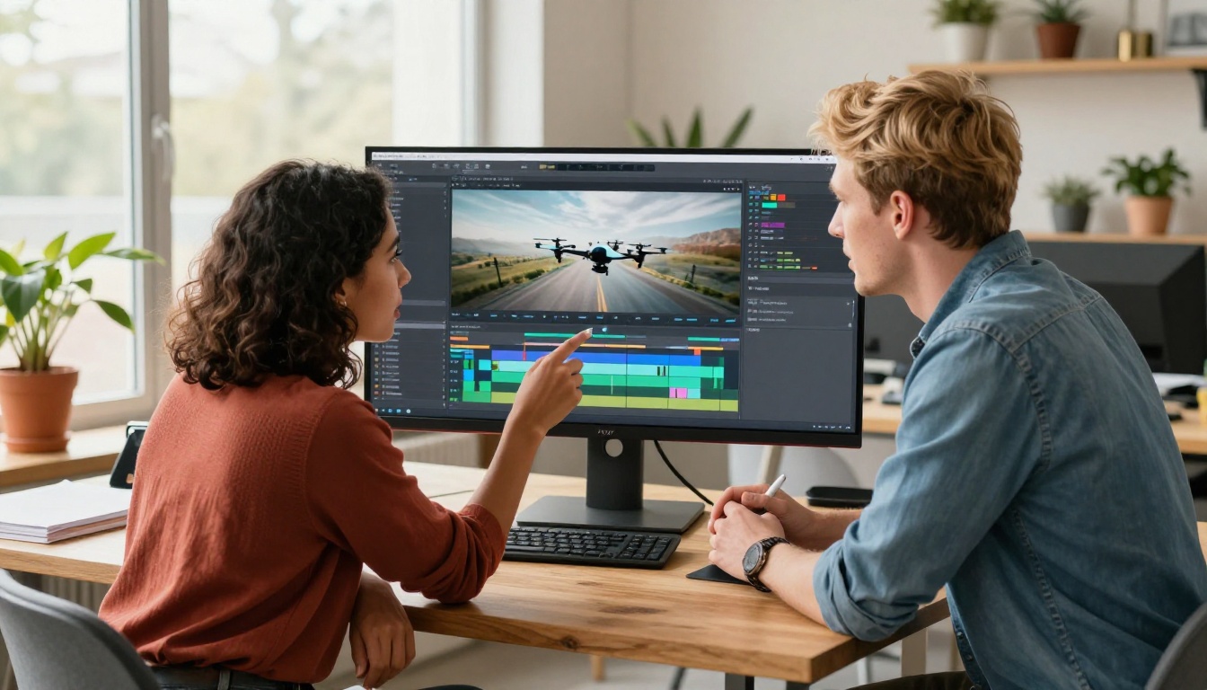 Two creative professionals collaborating side by side at an ultrawide monitor showing a video editing timeline and cinematic drone footage in the preview pane