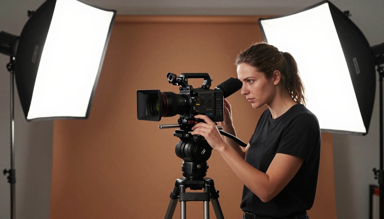 Professional female cinematographer adjusting a cinema camera on a tripod in a well-lit studio set Professional female cinematographer adjusting a cinema camera on a tripod in a well-lit studio set